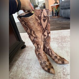 Snake-Print Knee-High Boots in Brown - Women's Fashion Boot Size 8.5